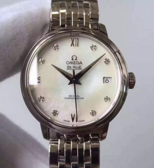 Replica Omega MKF De Ville 33mm Diamonds Markers White Dial SS Bracelet A2824