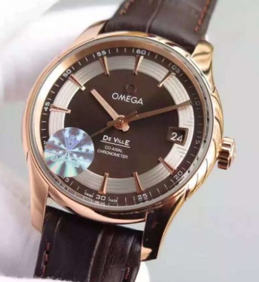 Replica Omega V6F De Ville Hour Vision Co-Axial 41mm RG Brown Dial Brown Leather Strap A8500 - Image 2