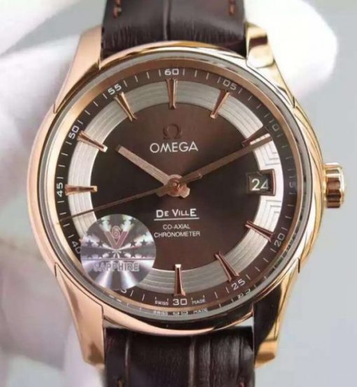 Replica Omega V6F De Ville Hour Vision Co-Axial 41mm RG Brown Dial Brown Leather Strap A8500