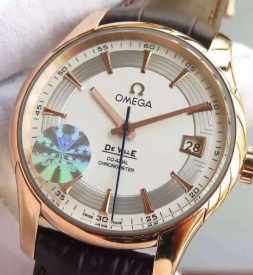Replica Omega V6F De Ville Hour Vision Co-Axial 41mm RG White Dial Brown Leather Strap A8500 - Image 2