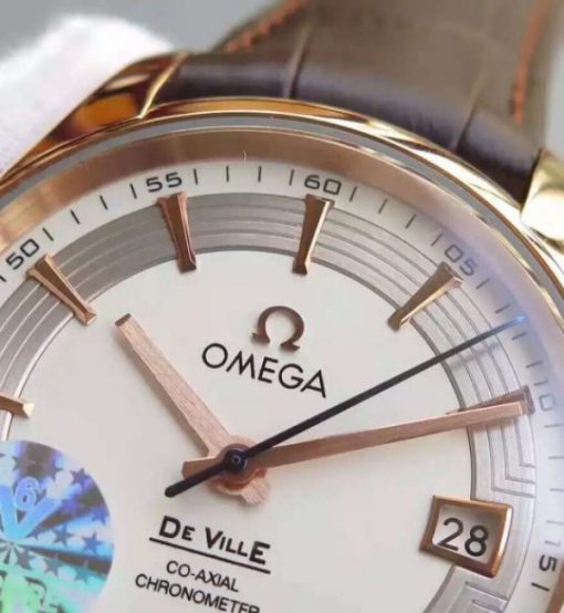 Replica Omega V6F De Ville Hour Vision Co-Axial 41mm RG White Dial Brown Leather Strap A8500 - Image 3