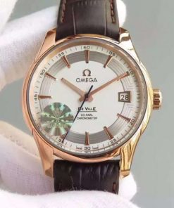 Replica Omega V6F De Ville Hour Vision Co-Axial 41mm RG White Dial Brown Leather Strap A8500