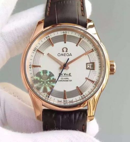 Replica Omega V6F De Ville Hour Vision Co-Axial 41mm RG White Dial Brown Leather Strap A8500