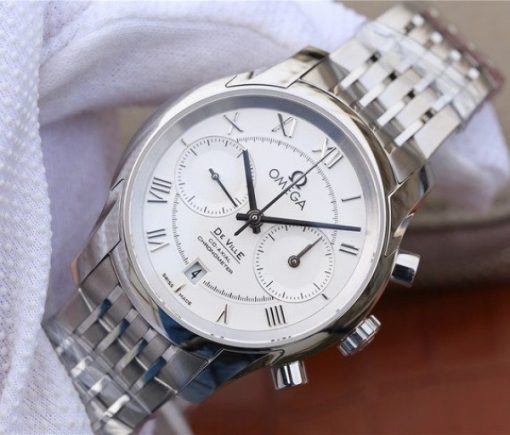 Replica Omega OMF De Ville Chronograph 42mm White Dial SS Bracelet A9300 - Image 2