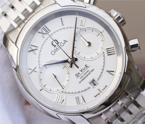 Replica Omega OMF De Ville Chronograph 42mm White Dial SS Bracelet A9300 - Image 3