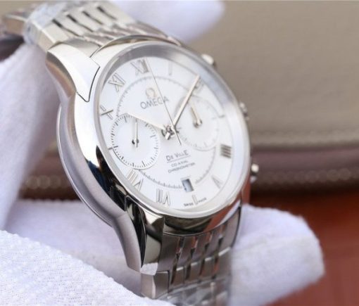 Replica Omega OMF De Ville Chronograph 42mm White Dial SS Bracelet A9300 - Image 4