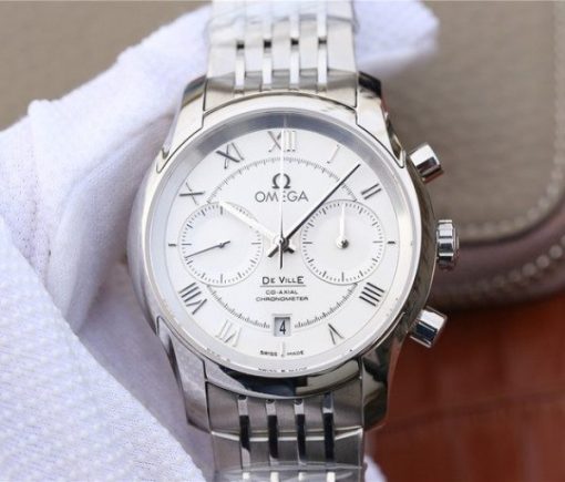 Replica Omega OMF De Ville Chronograph 42mm White Dial SS Bracelet A9300
