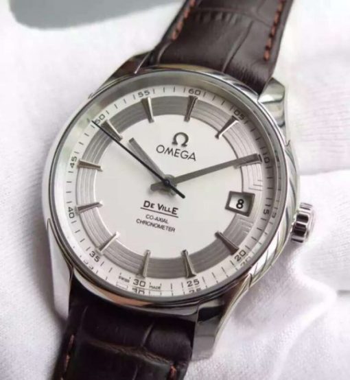 Replica Omega V6F De Ville Hour Vision Co-Axial 41mm SS White Dial Brown Leather Strap A8500 - Image 2