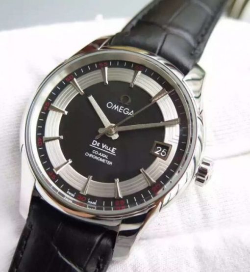 Replica Omega V6F De Ville Hour Vision Co-Axial 41mm SS Black Dial Black Leather Strap A8500 - Image 2