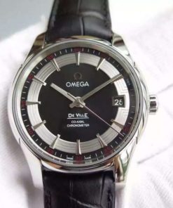 Replica Omega V6F De Ville Hour Vision Co-Axial 41mm SS Black Dial Black Leather Strap A8500