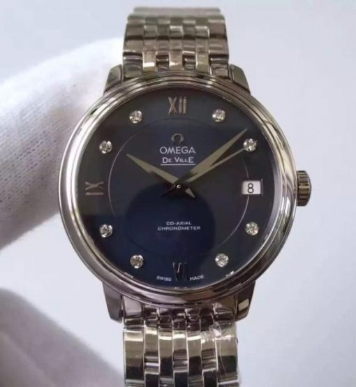 Replica Omega MKF De Ville 33mm Diamonds Markers Blue Dial SS Bracelet A2824