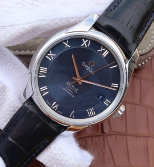Replica Omega V6 De Ville 41mm SS Blue Dial Black Leather Strap A8500 - Image 2