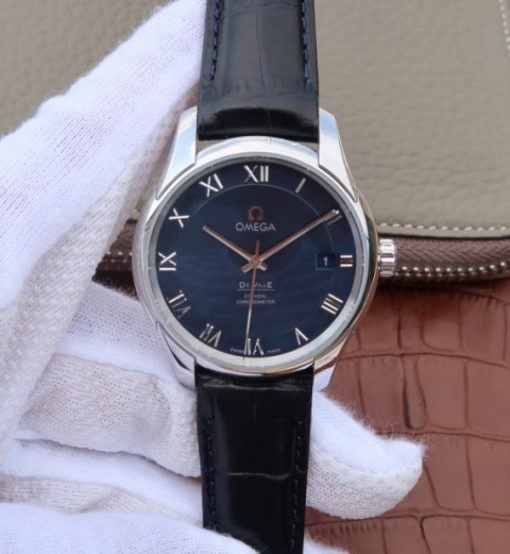 Replica Omega V6 De Ville 41mm SS Blue Dial Black Leather Strap A8500