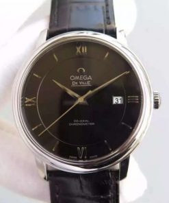 Replica Omega MKF De Ville 39.5mm SS Black Dial Blue Leather Strap A8500