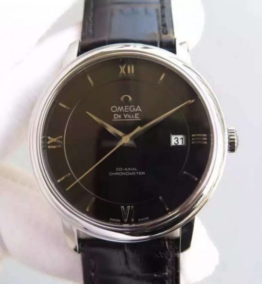 Replica Omega MKF De Ville 39.5mm SS Black Dial Blue Leather Strap A8500