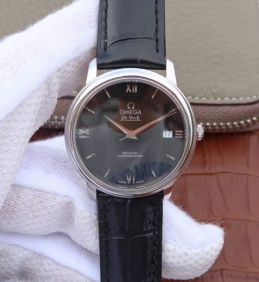 Replica Omega MKF De Ville 37mm SS Black Dial Black Leather Strap A2829