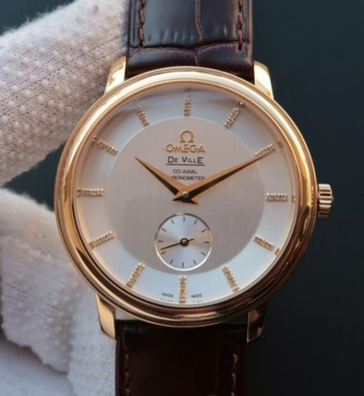 Replica Omega MKF De Ville 39mm RG Co-Axial White Dial Diamonds Markers Leather A2202