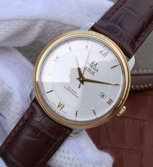 Replica Omega V6 De Ville 37mm YG Bezel White Dial YG Markers Leather Strap A2892 - Image 2