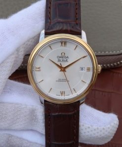 Replica Omega V6 De Ville 37mm YG Bezel White Dial YG Markers Leather Strap A2892