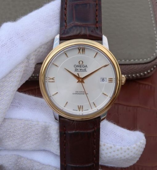 Replica Omega V6 De Ville 37mm YG Bezel White Dial YG Markers Leather Strap A2892