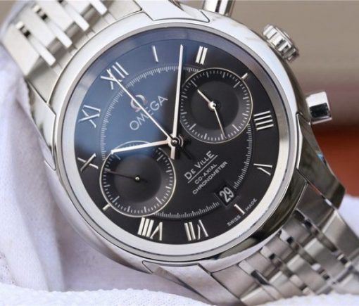 Replica Omega OMF De Ville Chronograph 42mm Black Dial SS Bracelet A9300 - Image 3