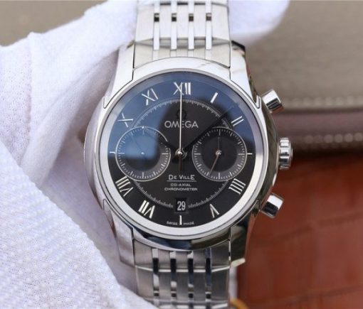 Replica Omega OMF De Ville Chronograph 42mm Black Dial SS Bracelet A9300
