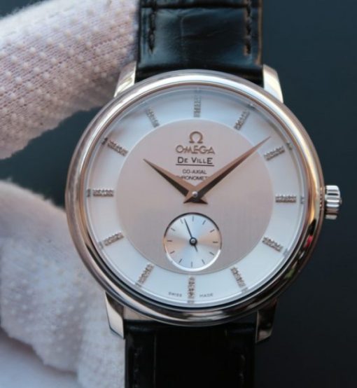 Replica Omega MKF De Ville 39mm Co-Axial White Dial Diamonds Markers Leather A2202