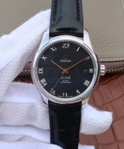 Replica Omega V6 De Ville 41mm SS Black Dial Black Leather Strap A8500