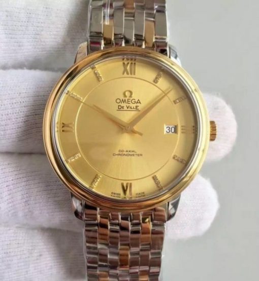 Replica Omega MK De Ville 39.5mm Yellow Dial Diamonds Markers RG Bezel SS/RG Bracelet A2824