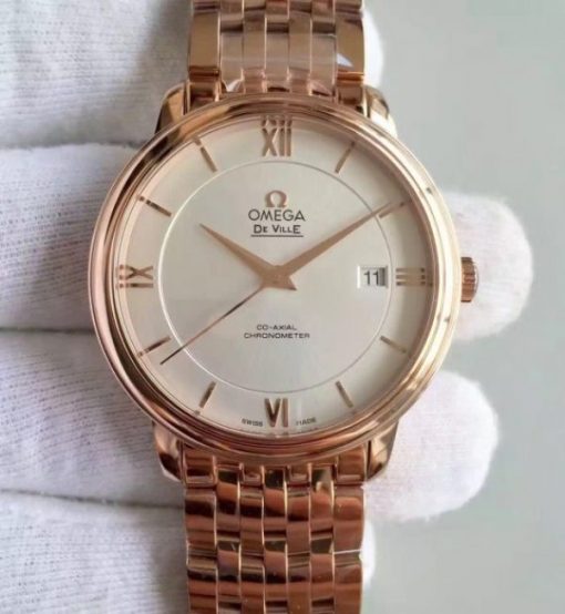 Replica Omega MK De Ville 39.5mm White Dial RG Case SS Bracelet A2824