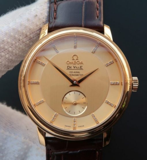 Replica Omega MKF De Ville 39mm RG Co-Axial Yellow Dial Brown Leather A2202