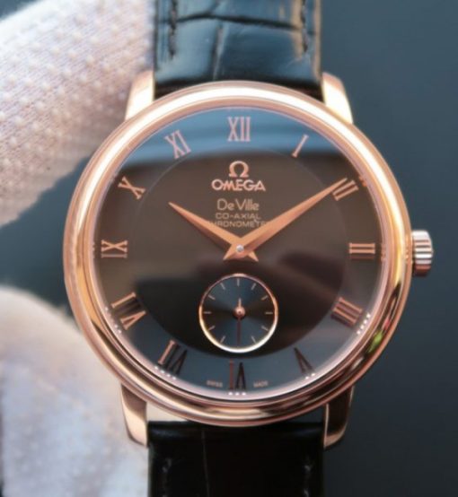 Replica Omega MKF De Ville 39mm RG Co-Axial Black Dial Brown Leather A2202