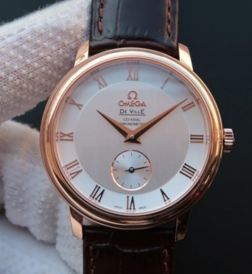 Replica Omega MKF De Ville 39mm RG Co-Axial White Dial Brown Leather Strap A2202