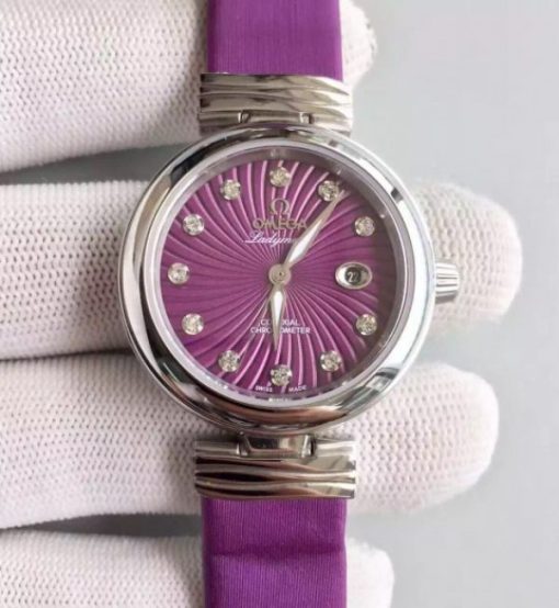 Replica Omega De Ville Lady SS Purple Dial Leather Strap A8520