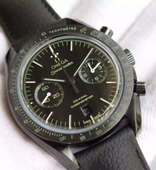 Replica Omega Speedmaster Moonwatch Co-Axial Chronograph Pitch Black Leather A9300 - Image 2