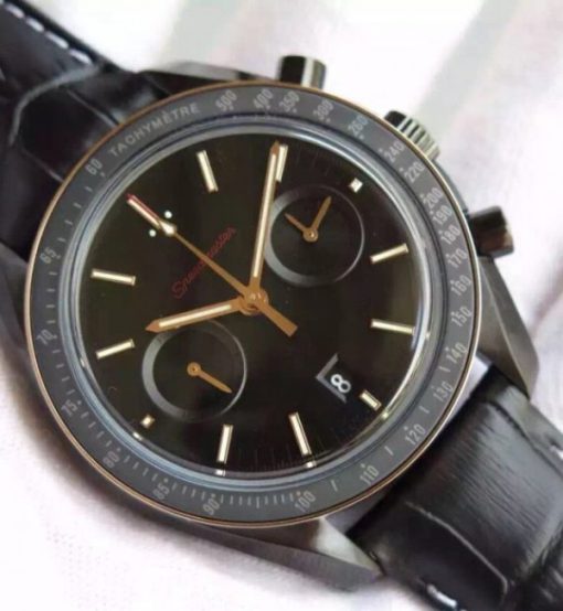 Replica Omega Speedmaster Moonwatch Co-Axial Chronograph Sedna Black Leather A9300 - Image 2