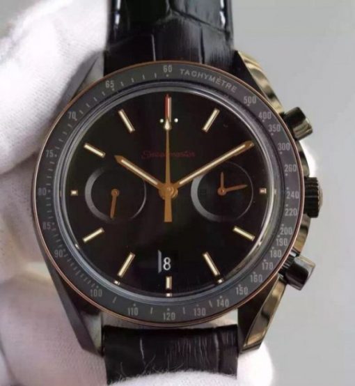 Replica Omega Speedmaster Moonwatch Co-Axial Chronograph Sedna Black Leather A9300