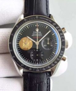 Replica Omega Speedmaster Apollo 11 40th anniversary Black Dial Leather Manual Winding