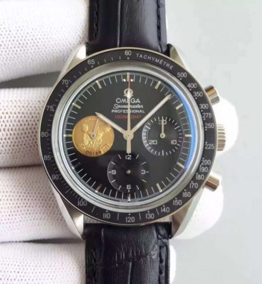 Replica Omega Speedmaster Apollo 11 40th anniversary Black Dial Leather Manual Winding