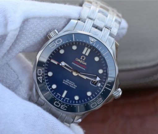 Replica Omega OMF Seamaster 300M Chronometer Blue Dial SS Bracelet A2824 - Image 2
