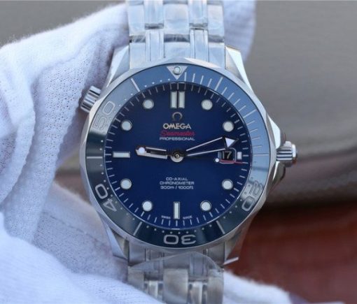 Replica Omega OMF Seamaster 300M Chronometer Blue Dial SS Bracelet A2824