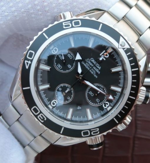 Replica Omega Seamaster Planet Ocean Chrono 45mm Black Dial Silver Markers SS Bracelet A7750 - Image 2