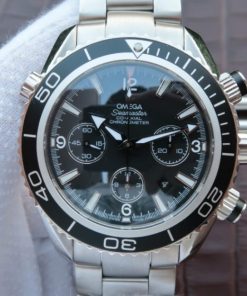 Replica Omega Seamaster Planet Ocean Chrono 45mm Black Dial Silver Markers SS Bracelet A7750