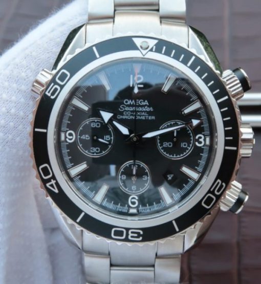 Replica Omega Seamaster Planet Ocean Chrono 45mm Black Dial Silver Markers SS Bracelet A7750