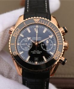 Replica Omega OMF Planet Ocean Master Chronometer RG Black Polished Bezel Black Dial Leather A9901