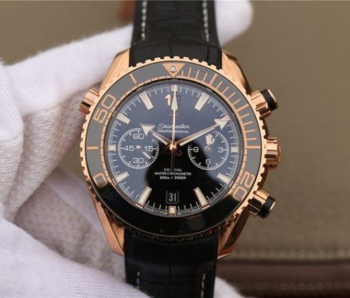 Replica Omega OMF Planet Ocean Master Chronometer RG Black Polished Bezel Black Dial Leather A9901