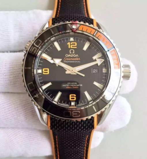 Replica Omega OMF Planet Ocean 42mm Black/Orange Bezel Black Dial Nylon Strap A8900