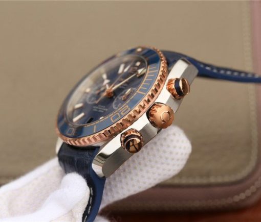 Replica Omega OMF Planet Ocean Master Chronometer SS/RG Blue Bezel Blue Dial Leather Strap A9901 - Image 4