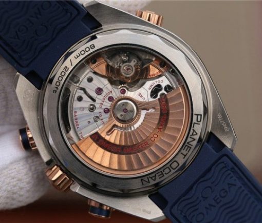 Replica Omega OMF Planet Ocean Master Chronometer SS/RG Blue Bezel Blue Dial Leather Strap A9901 - Image 6