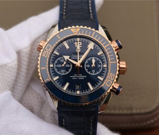 Replica Omega OMF Planet Ocean Master Chronometer SS/RG Blue Bezel Blue Dial Leather Strap A9901